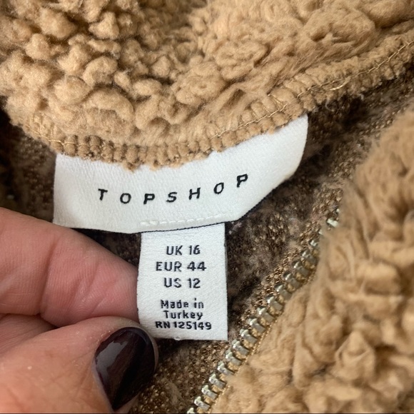 Topshop Quarter Zip Fleece Teddy Sweatshirt In Tan Pullover Jacket  Size 12 - Picture 3 of 7